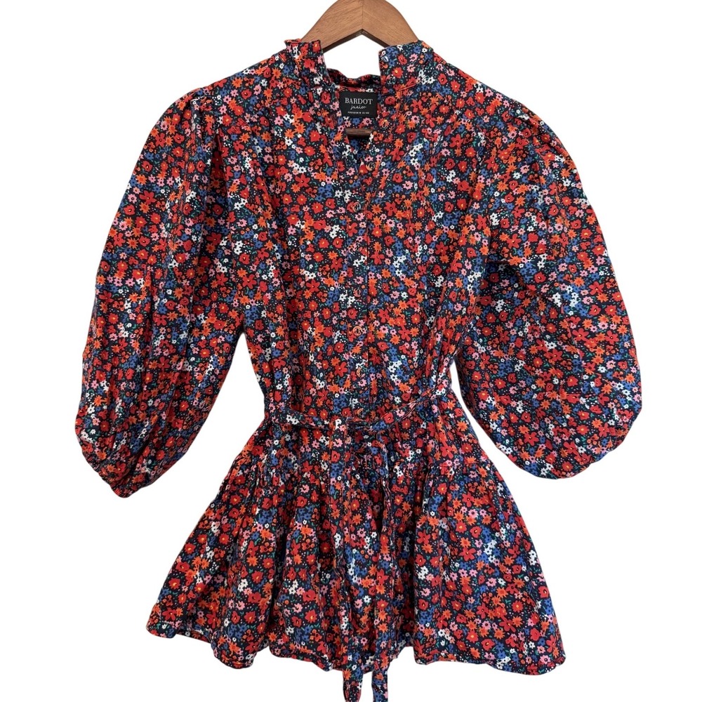 Bardot Juniors Blue Red Floral Dress Button Up Balloon Sleeve Tie Waist Size 10